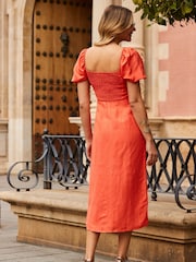 Sosandar Pink Sweetheart Neck Fit And Flare Midi Dress Contains Linen - Image 2 of 5