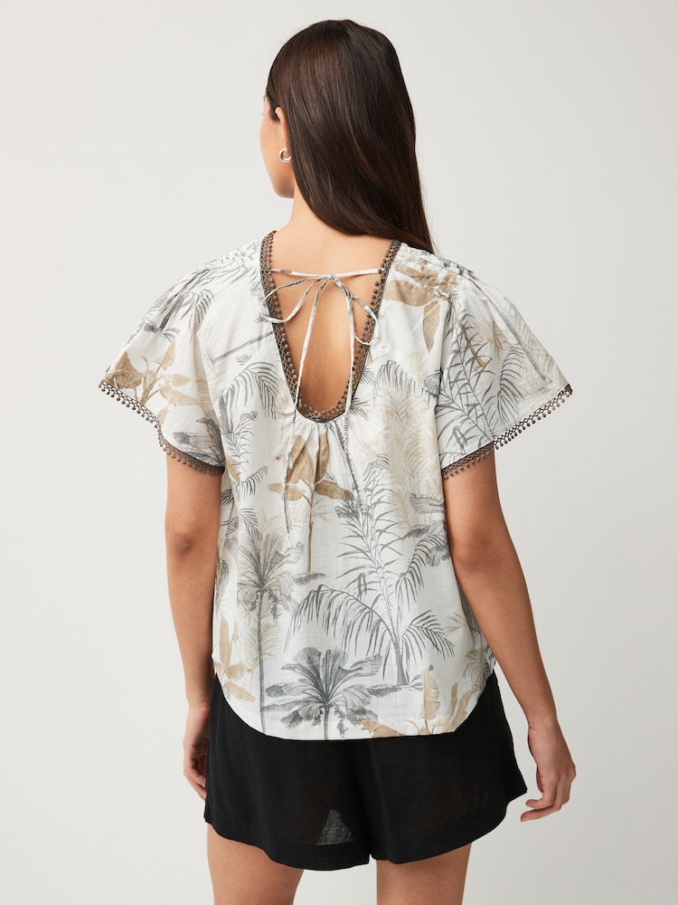 Ecru Palm Print Short Sleeve Pleat Front Blouse - Image 2 of 6 Ecru Palm Print Short Sleeve Pleat Front Blouse - Image 2 of 6
