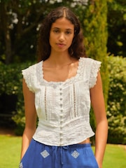 White Short Sleeve Broderie Square Neck Blouse - Image 1 of 6