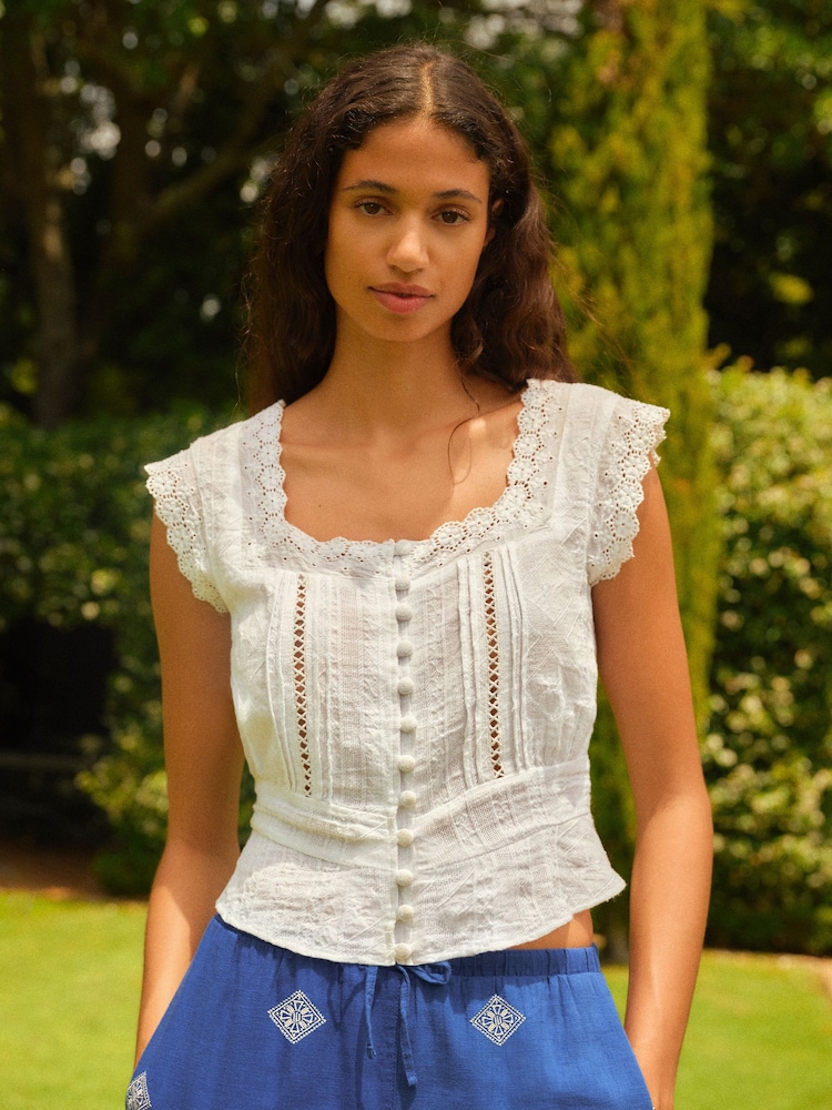 White Short Sleeve Broderie Square Neck Blouse - Image 1 of 6