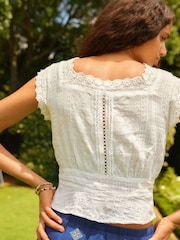 White Short Sleeve Broderie Square Neck Blouse - Image 3 of 6