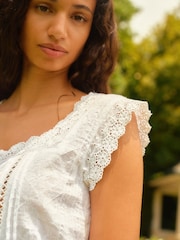 White Short Sleeve Broderie Square Neck Blouse - Image 4 of 6