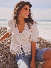White White Tie Front Embroidered Short Sleeve Blouse - Image 1 of 7