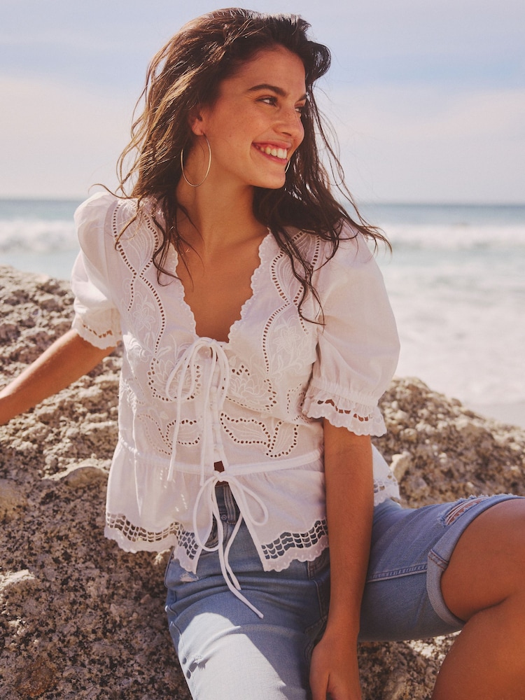 White White Tie Front Embroidered Short Sleeve Blouse - Image 1 of 7