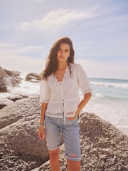 White White Tie Front Embroidered Short Sleeve Blouse - Image 2 of 7