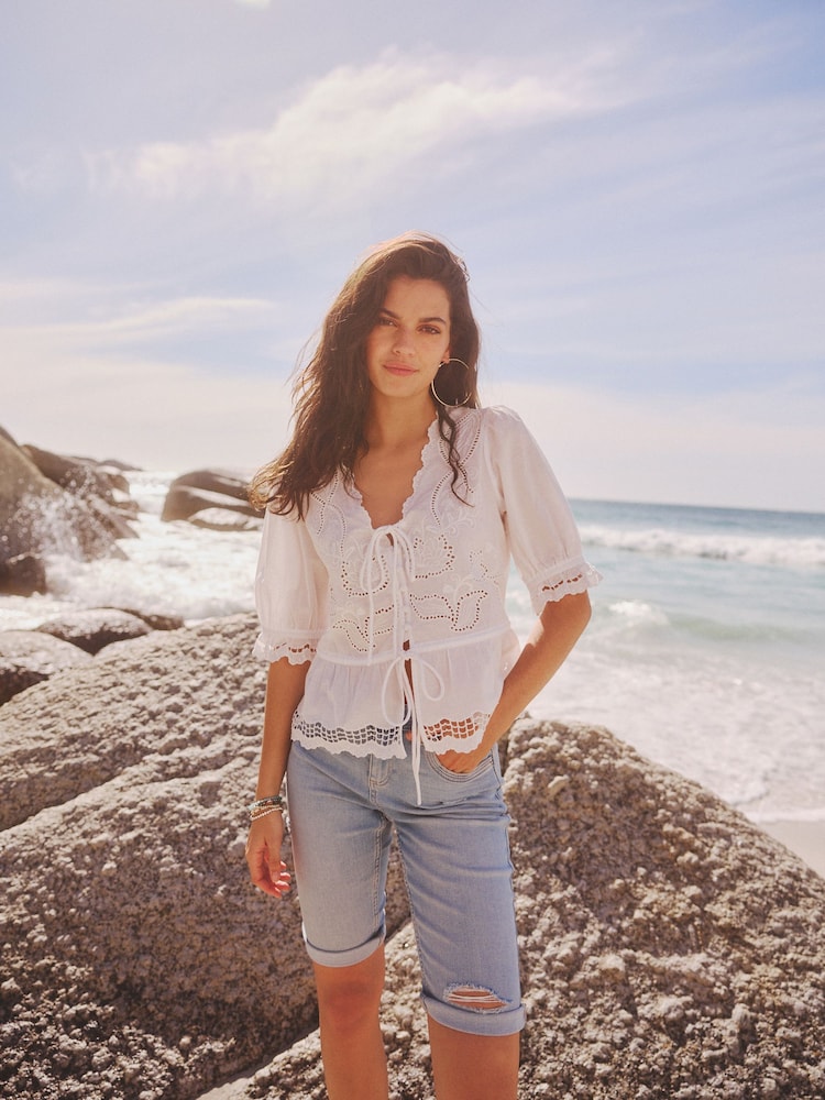 White White Tie Front Embroidered Short Sleeve Blouse - Image 2 of 7