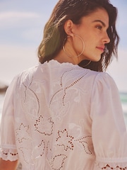 White White Tie Front Embroidered Short Sleeve Blouse - Image 4 of 7