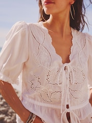 White White Tie Front Embroidered Short Sleeve Blouse - Image 5 of 7