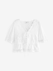 White White Tie Front Embroidered Short Sleeve Blouse - Image 6 of 7