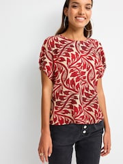 Rot/Ecru Blätterprint - Kastiges, strukturiertes T-Shirt mit Raffung - Bild 1 von 6