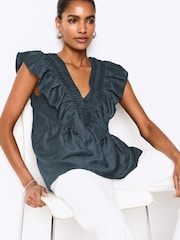Navy Sleeveless Ruffle V-Neck Top - Image 1 of 6