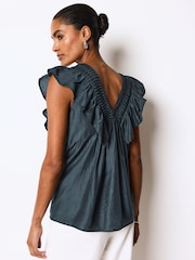Navy Sleeveless Ruffle V-Neck Top - Image 2 of 6