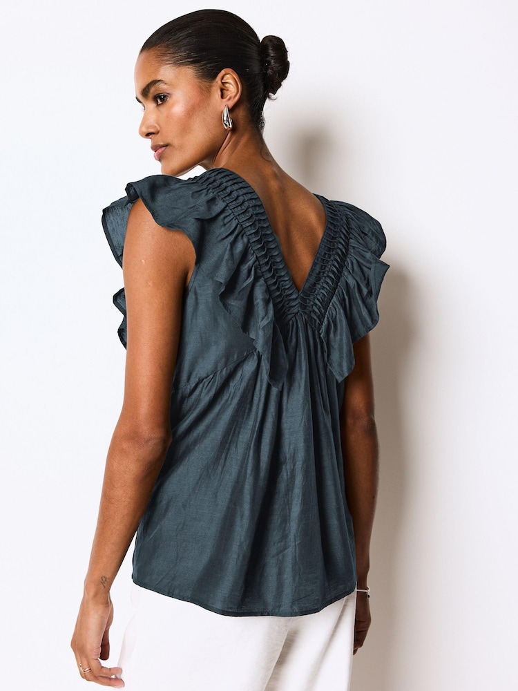 Navy Sleeveless Ruffle V-Neck Top - Image 2 of 6