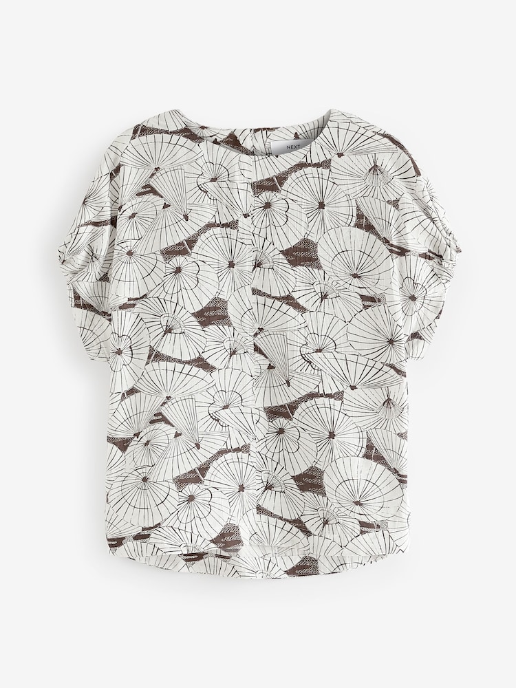 Ecru/Brown Absract Umbrella Print Gathered Short Sleeve Textured Boxy T-Shirt - Image 5 of 6