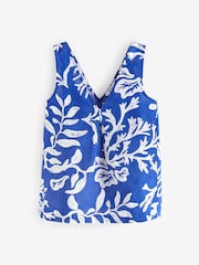 Blue/White Printed Linen Blend V-Neck Summer Top - Image 4 of 5