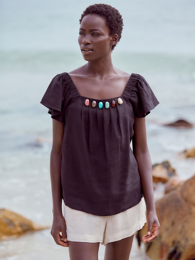 Black Linen Beaded Flutter Sleeve Top - Image 1 of 7 Black Linen Beaded Flutter Sleeve Top - Image 1 of 7