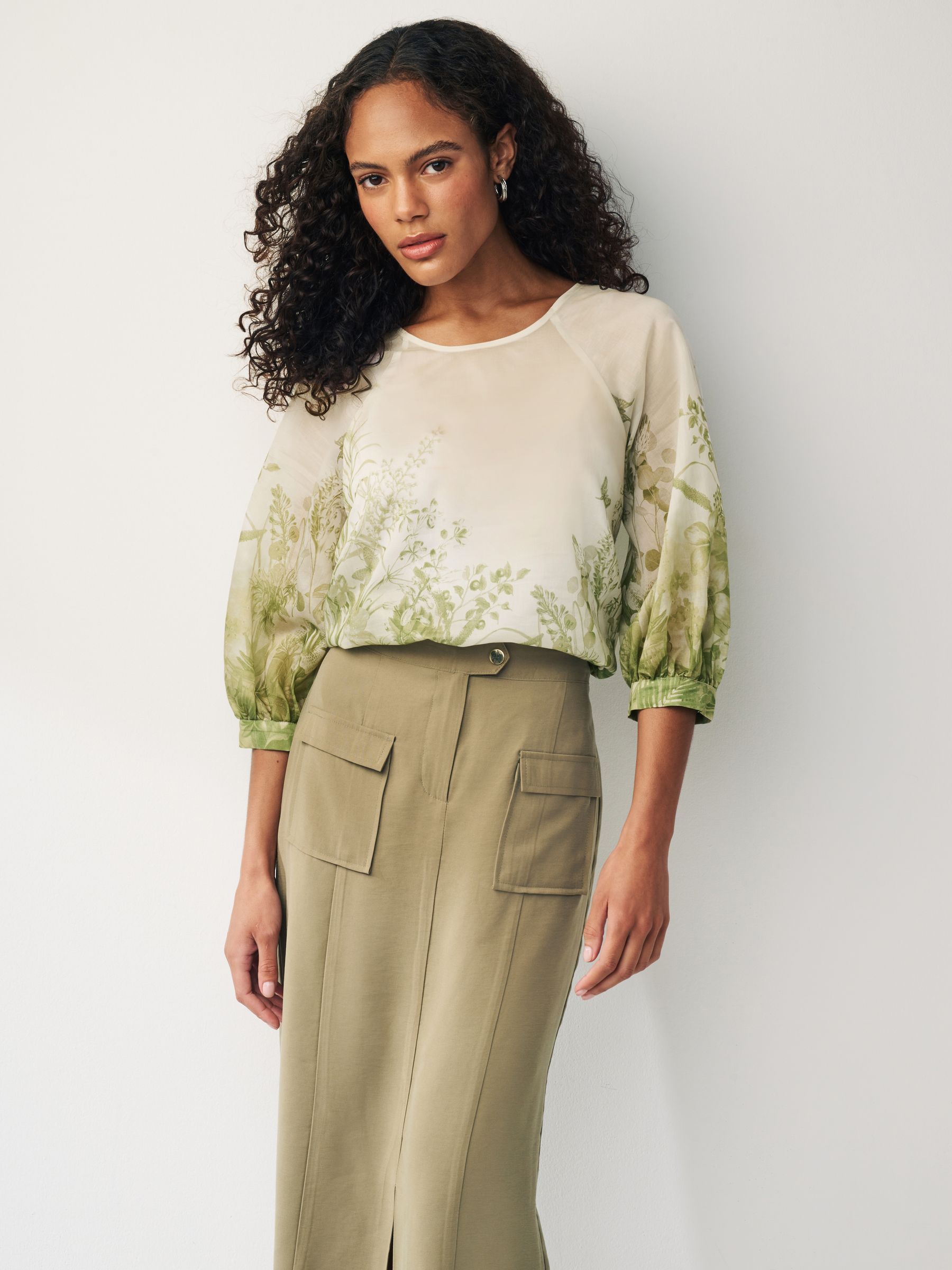 Buy Ecru/ Green Floral Print Sheer Puff Sleeve Blouse from Next Luxembourg