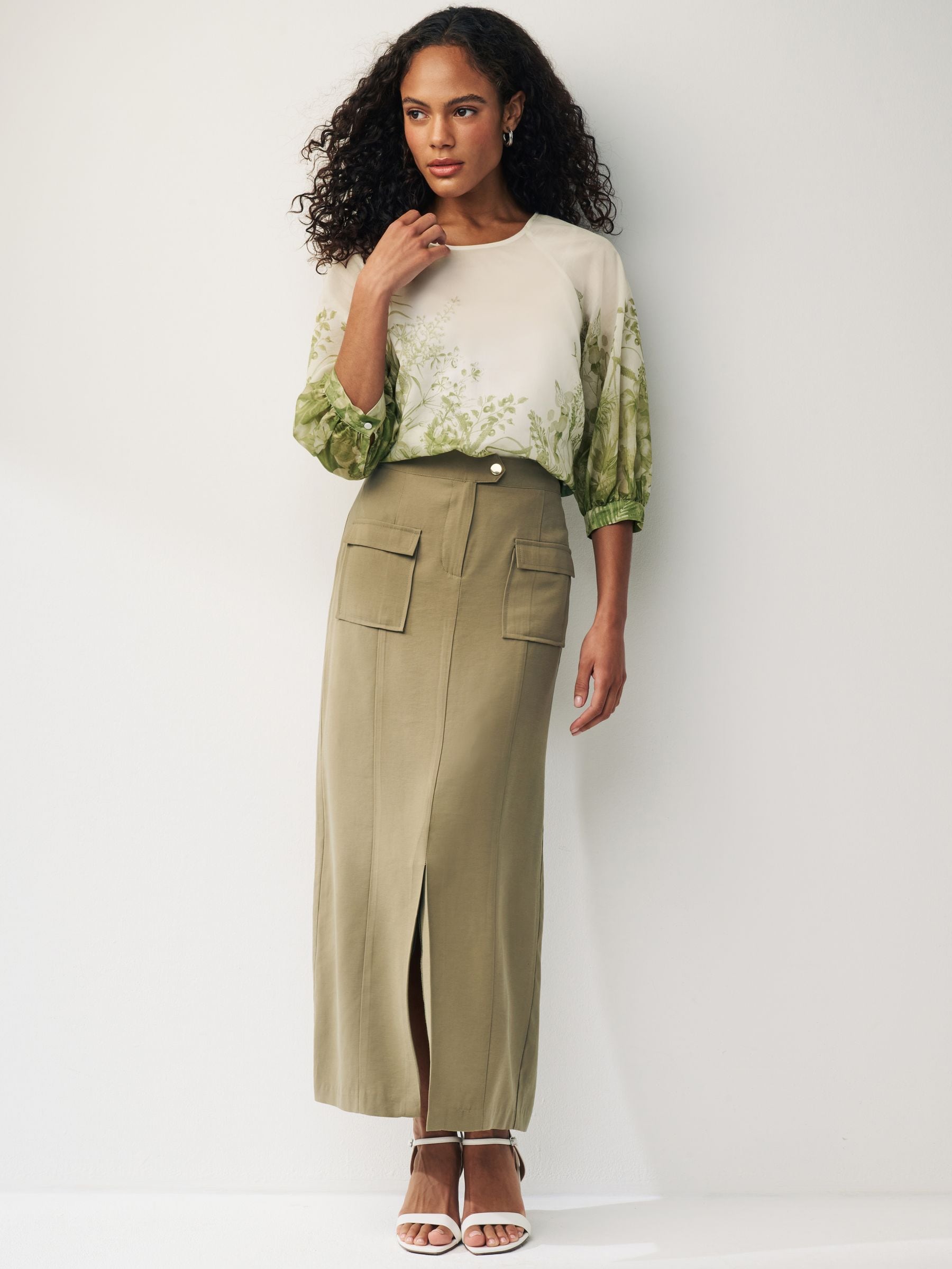 Buy Ecru/ Green Floral Print Sheer Puff Sleeve Blouse from Next Luxembourg