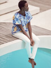 Blue/Yellow Leaf Print Short Sleeve Pleat Front Blouse - Image 2 of 7