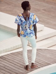 Blue/Yellow Leaf Print Short Sleeve Pleat Front Blouse - Image 3 of 7
