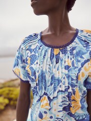 Blue/Yellow Leaf Print Short Sleeve Pleat Front Blouse - Image 4 of 7