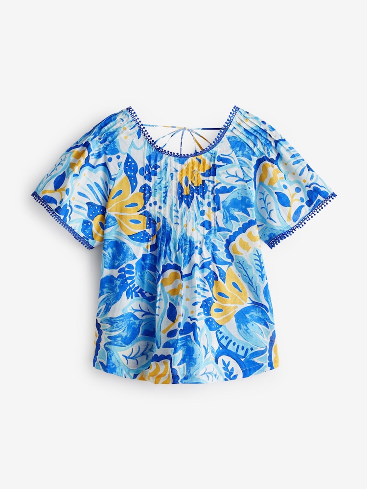 Blue/Yellow Leaf Print Short Sleeve Pleat Front Blouse - Image 5 of 7