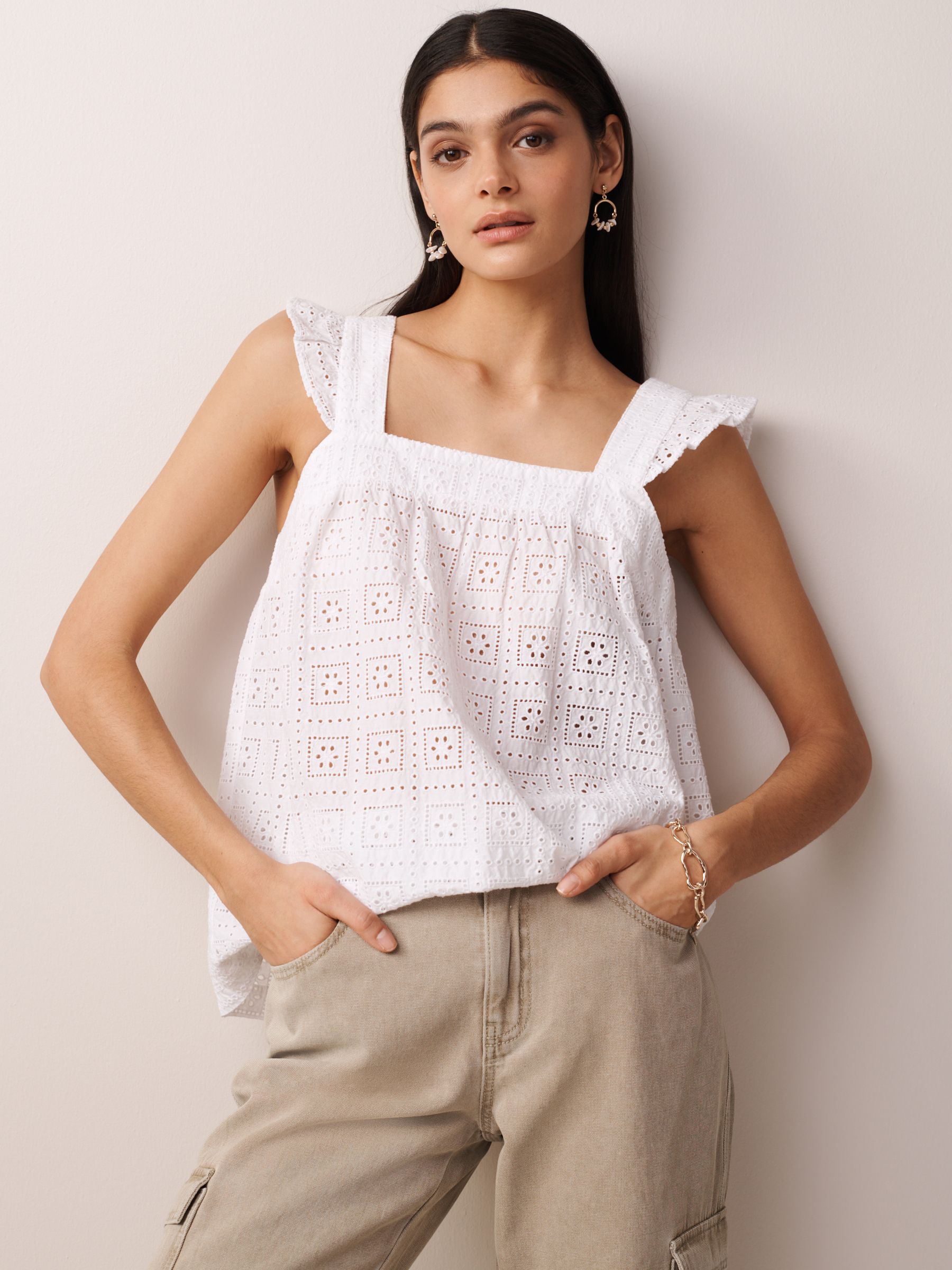 Buy White Broderie Frill Sleeve Embroidered Cami Top from Next Luxembourg