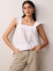 White Broderie Frill Sleeve Embroidered Cami Top - Image 1 of 6