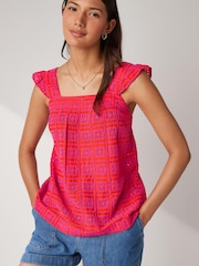 Pink/Orange Broderie Frill Sleeve Embroidered Cami Top - Image 1 of 6