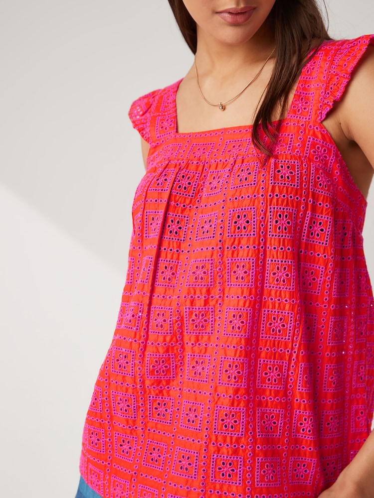 Pink/Orange Broderie Frill Sleeve Embroidered Cami Top - Image 6 of 6