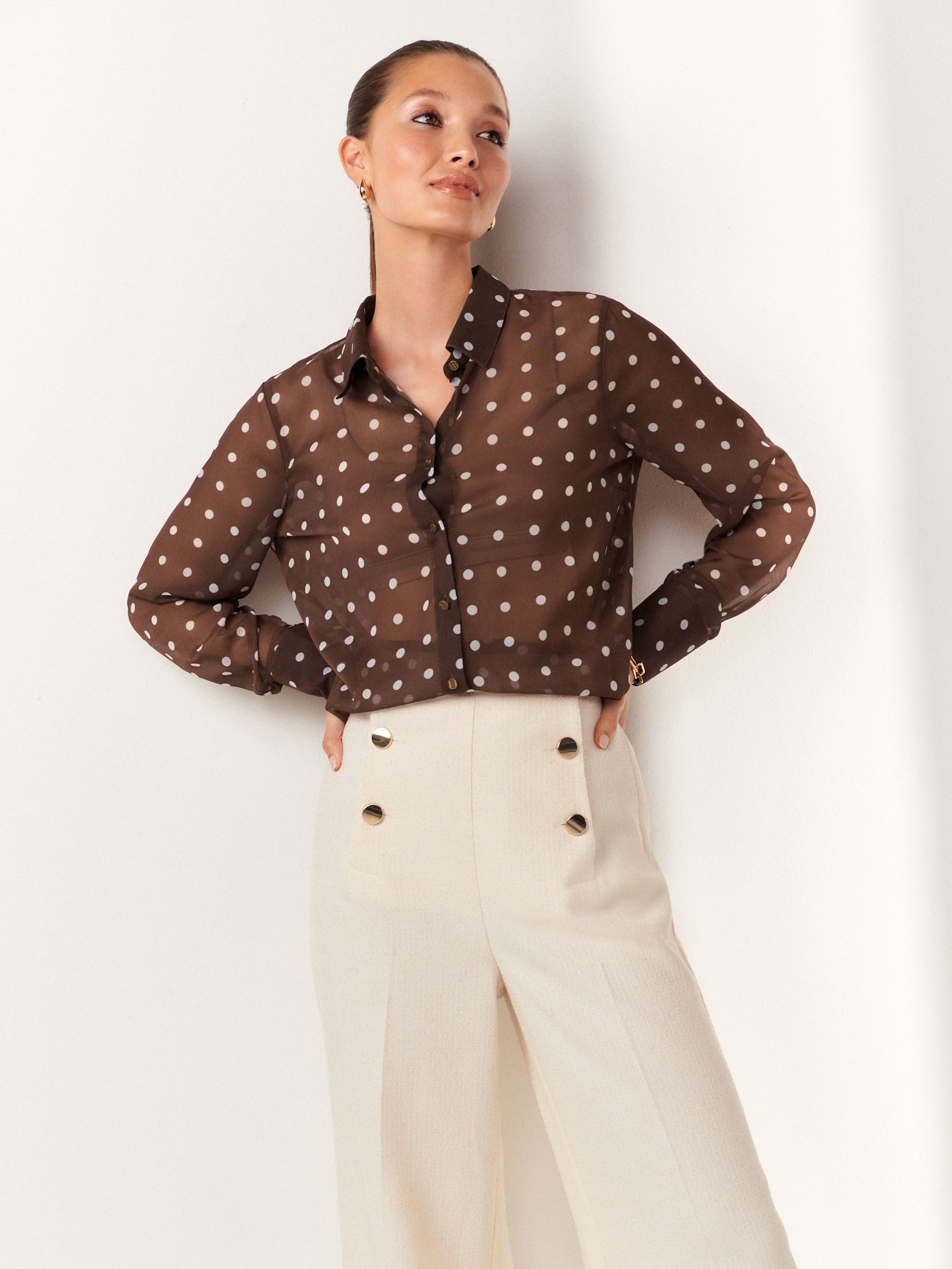 Buy Brown White Polka Dot Sheer Long Sleeve Shirt from Next Luxembourg