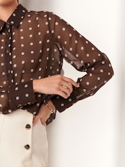 Brown/White Polka Dot Sheer Long Sleeve Shirt - Image 5 of 7