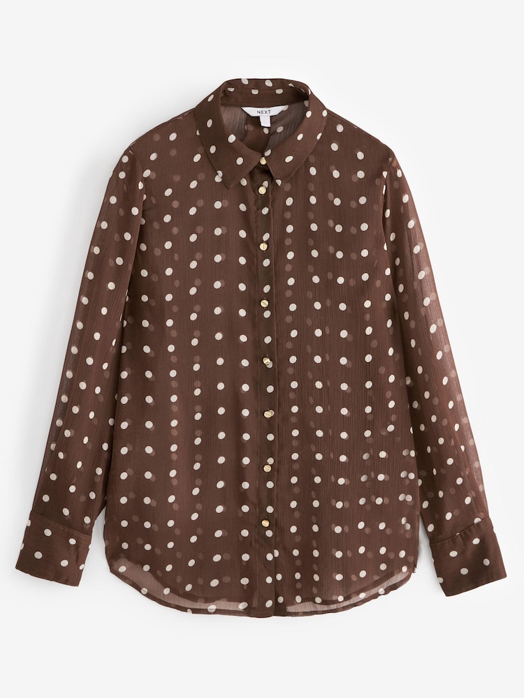 Brown/White Polka Dot Sheer Long Sleeve Shirt - Image 6 of 7