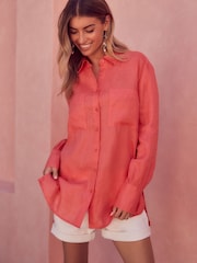Coral Pink 100% Linen Long Sleeve Shirt - Image 1 of 6