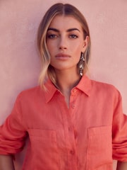 Coral Pink 100% Linen Long Sleeve Shirt - Image 4 of 6