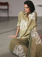 Khaki Green Long Sleeve Embroidered Palm Print Shirt - Image 1 of 6