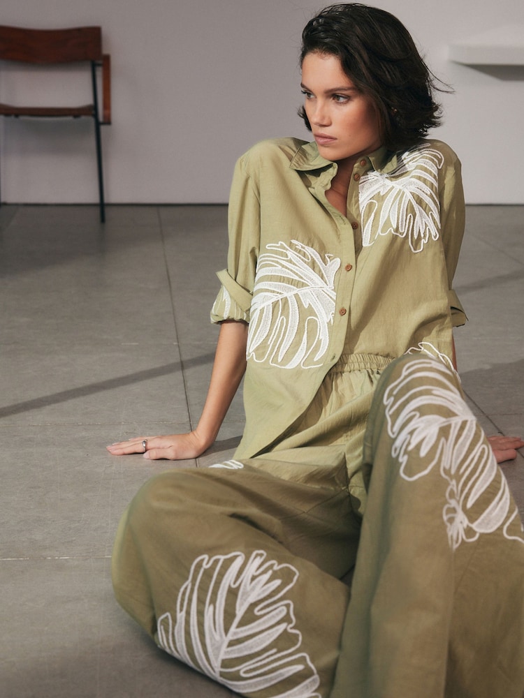 Khaki Green Long Sleeve Embroidered Palm Print Shirt - Image 1 of 6