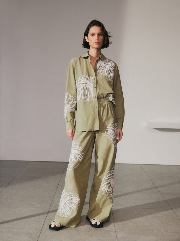 Khaki Green Long Sleeve Embroidered Palm Print Shirt - Image 2 of 6
