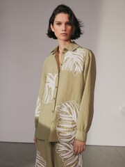 Khaki Green Long Sleeve Embroidered Palm Print Shirt - Image 3 of 6