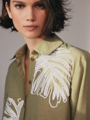 Khaki Green Long Sleeve Embroidered Palm Print Shirt - Image 4 of 6
