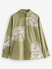 Khaki Green Long Sleeve Embroidered Palm Print Shirt - Image 5 of 6