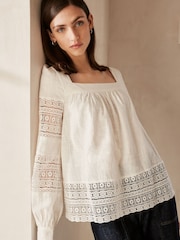 Ecru Premium Long Sleeve Embroidered Lace Square Neck Blouse - Image 1 of 6