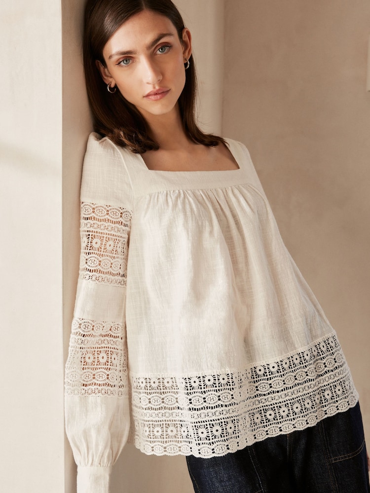 Ecru Premium Long Sleeve Embroidered Lace Square Neck Blouse - Image 1 of 6