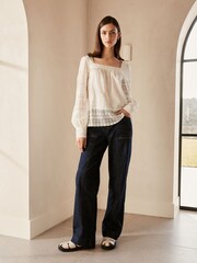 Ecru Premium Long Sleeve Embroidered Lace Square Neck Blouse - Image 2 of 6