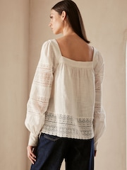 Ecru Premium Long Sleeve Embroidered Lace Square Neck Blouse - Image 3 of 6