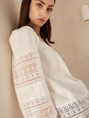 Ecru Premium Long Sleeve Embroidered Lace Square Neck Blouse - Image 4 of 6