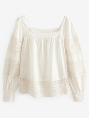 Ecru Premium Long Sleeve Embroidered Lace Square Neck Blouse - Image 5 of 6