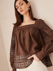 Chocolate Brown Premium Long Sleeve Embroidered Lace Square Neck Blouse - Image 1 of 6