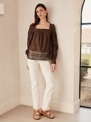 Chocolate Brown Premium Long Sleeve Embroidered Lace Square Neck Blouse - Image 2 of 6