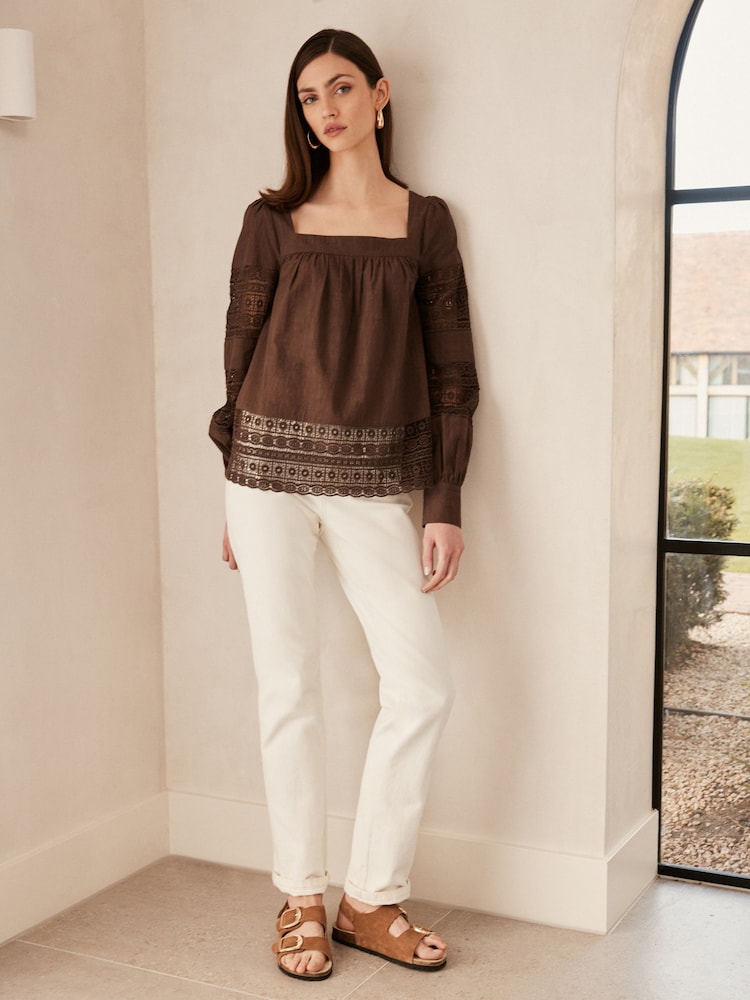 Chocolate Brown Premium Long Sleeve Embroidered Lace Square Neck Blouse - Image 2 of 6